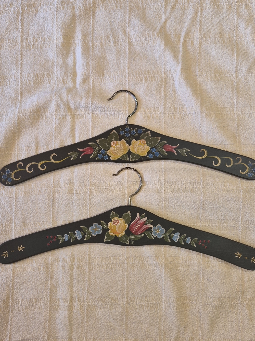 Vintage European Hand-Painted Dark Green Floral Wooden Hangers - Set of 2